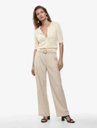 Koton Linen Blend Belted Baggy Full Length Striped Trousers In Neutral
