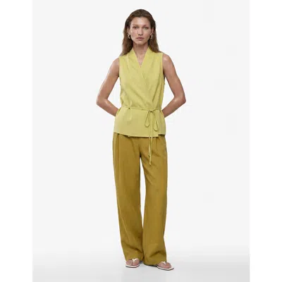 Koton Linen Blend Halter Neck Wrap Blouse With Tie In Green