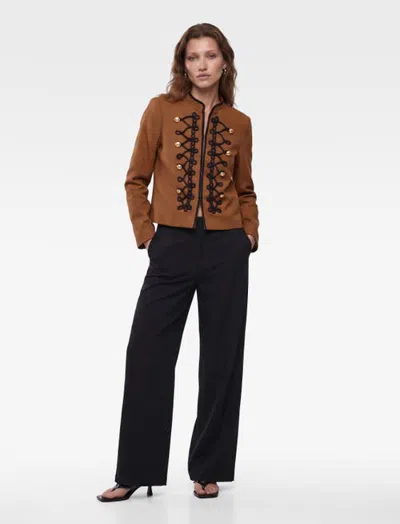Koton Linen Blend Mandarin Collar Napoleon Jacket With Decorative Braided Trim In Brown