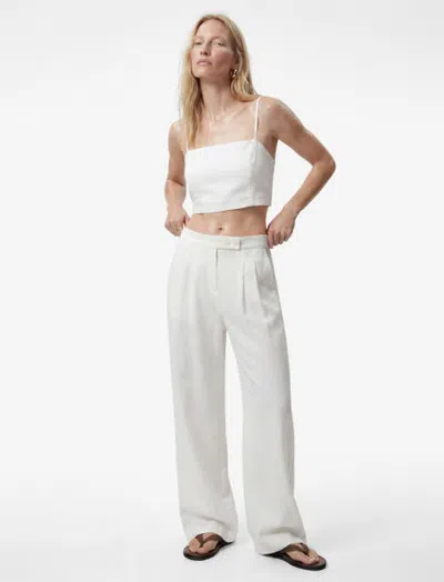Koton Linen Blend Mid Rise Tailored Wide Leg Pants In White