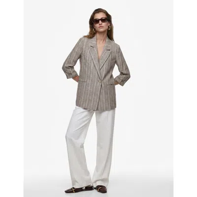 Koton Linen Blend Pinstriped Blazer With Tab Sleeves In Gray