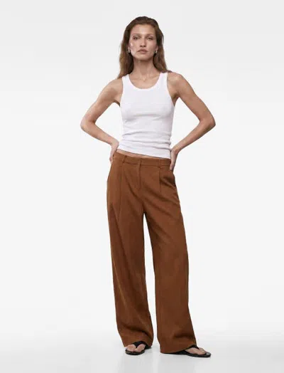 Koton Linen Blend Pleated Tailored Wide Leg Pants In Brown