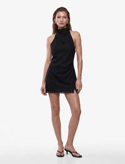 Koton Linen Blend Sleeveless Funnel Neck Satin Mini Dress With Lace Detail In Black