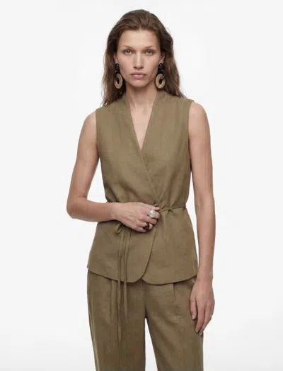 Koton Linen Blend V-neck Tailored Vest With Belt In Green