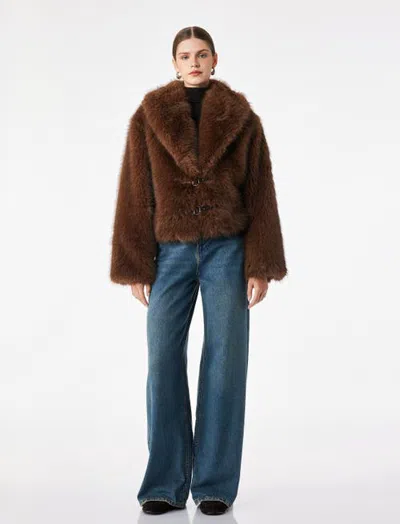 Koton Long Sleeve Collared Faux Fur Jacket With Buckle Closure In Brown