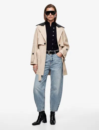 Koton Long Sleeve Contrast Notched-collar Gabardine Trench Coat With Belted In Black
