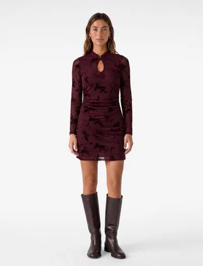 Koton Long Sleeve Mandarin Collar Floral Qipao Tulle Mini Dress With Keyhole In Bordeux