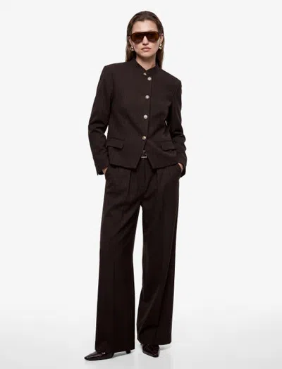 Koton Long Sleeve Pinstriped Mandarin Collar Suit Jacket In Brown