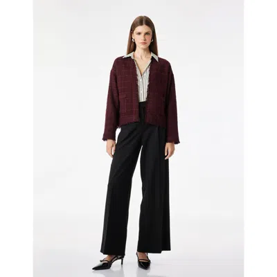 Koton Long Sleeve Plaid Tweed Jacket With Frayed Edge Finish In Burgundy