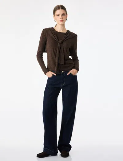 Koton Long Sleeve Tie-front Shawl Collar Top In Brown