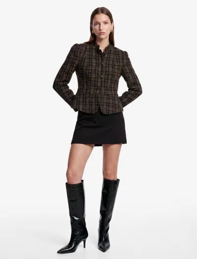 Koton Mandarin Collar Long Sleeve Plaid Tweed Jacket In Brown