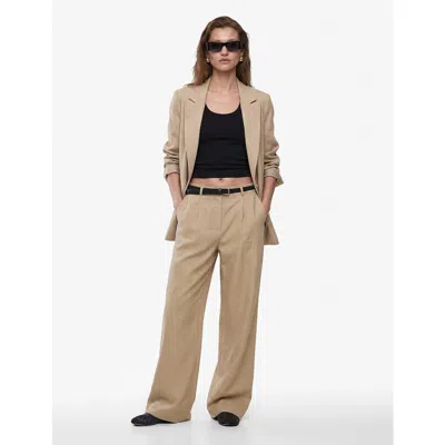 Koton Mid Rise Linen Blend Belted Trousers In Brown