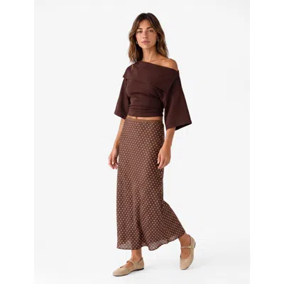 Koton Polka Dot Flared Midi Satin Skirt In Brown