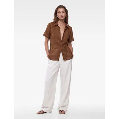 Koton Relax Fit Short Sleeve Wrap Striped Shirt In Brown