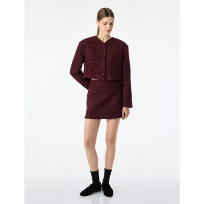 Koton Round Neck Long Sleeve Crop Tweed Jacket In Burgundy