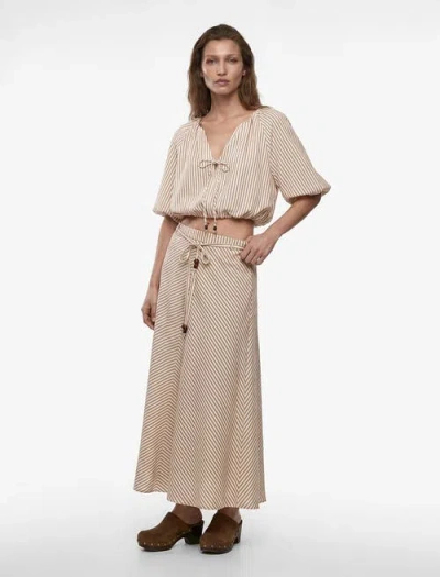 Koton Tied Striped Puff Sleeve Crop Top In Neutral
