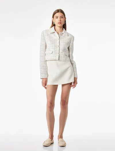 Koton Wool Blend Checked Cropped Tweed Jacket With Pearl-effect Buttons In Ecru Check