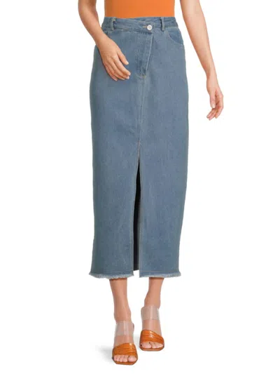 Kourt Women's Pat Front Slit Denim Midi Skirt In Medium Wash