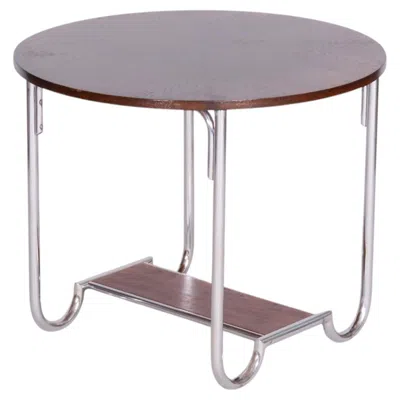 Pre-owned Kovona Restored Bauhaus Small Table, Oak, Chrome-plated Steel, Czechia, 1930s In Brown