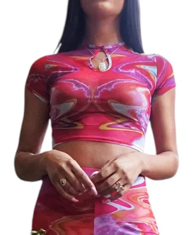 Koy & Victoria Chichi Crop Top In Red Muri Print In Pink