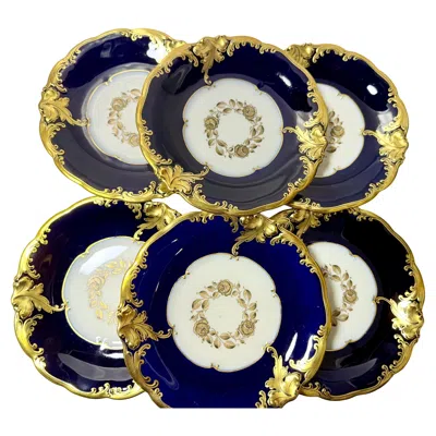 Pre-owned Kpm Porcelain Kpm Germany Friederike 6 Cobalt Gold Side Plates In Blue