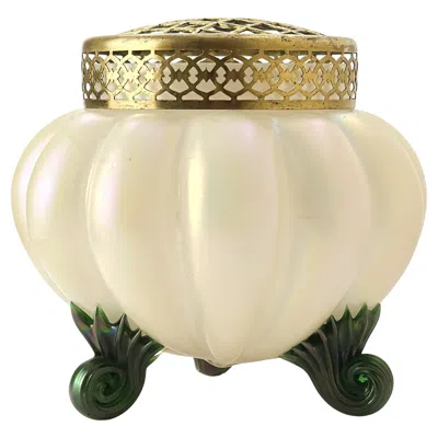 Pre-owned Kralik Glassworks Art Nouveau Pearlescent Glass Rose Bowl Vase By Kralik With Brass Frog, Bohemia In Red