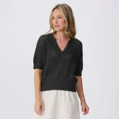 Krimson Klover Tansy Short Sleeve Pointelle Henley Sweater In Black