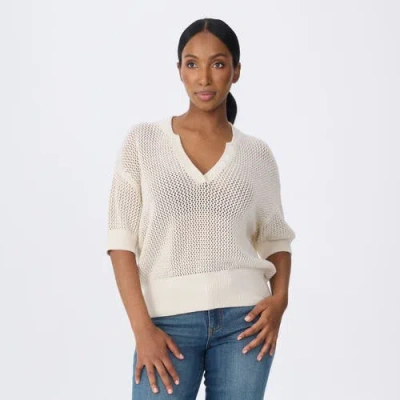 Krimson Klover Tansy Short Sleeve Pointelle Henley Sweater In White