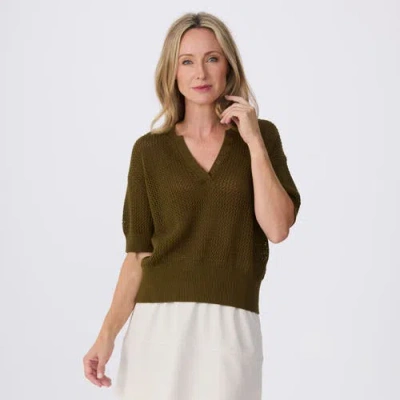 Krimson Klover Tansy Short Sleeve Pointelle Henley Sweater In Green