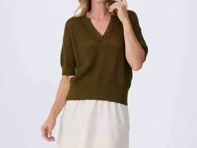Krimson Klover Tansy Short Sleeve Pointelle Henley Sweater In Dark Olive In Green