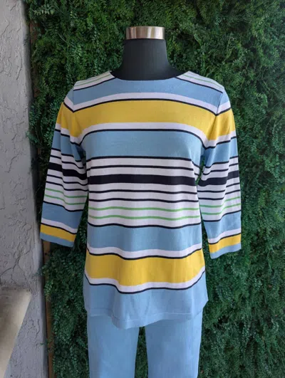 Kris Fashion Women's Crewneck 3/4 Sleeve Sweater In Blue/yellow/green