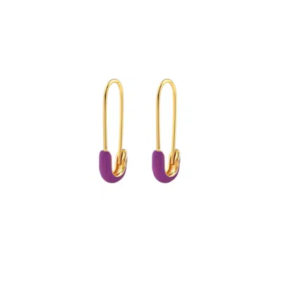 Kris Nations Women's Safety Pin Enamel Hoop Earrings - Aubergine / Purple In Gold