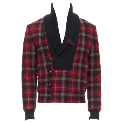 Pre-owned Kris Van Assche Red Black Virgin Wool Checkered Cotton Trim Bomber It46 S
