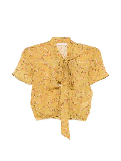 Kristina Ti Floral-print Pussy-bow Blouse In Yellow