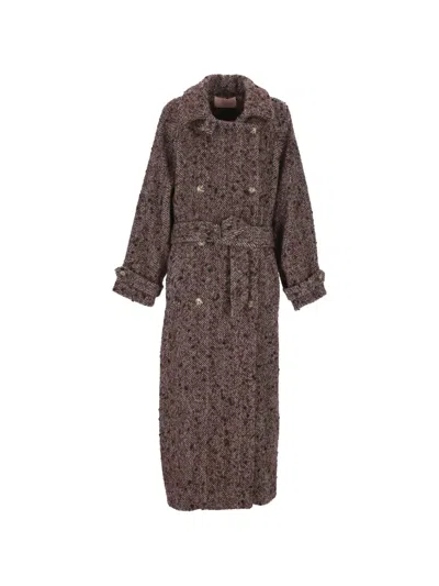 Kristina Ti Herringbone-pattern Belted Coat In Brown