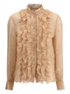 Kristina Ti Holly Floral-print Ruffled Shirt In Brown