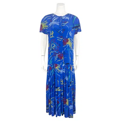 Pre-owned Krizia 1980s  Blue Silk Printed Drop Waist Dress