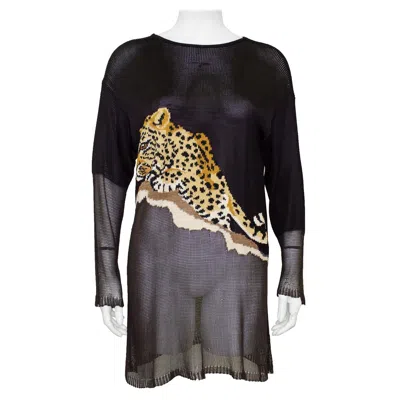 Pre-owned Krizia 1980s  Brown Knit Tunic Length Sweater With Leopard