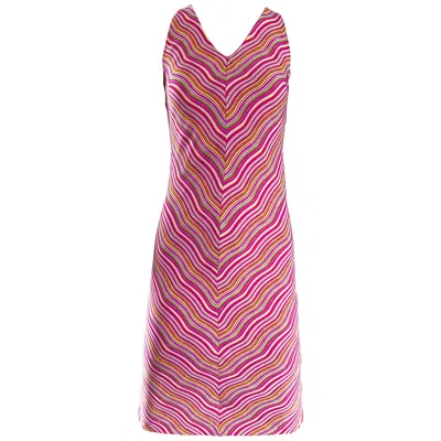 Pre-owned Krizia 1990s  Candy Stripe Op - Art Pink Squiggle 90s Vintage Silk Shift Dress