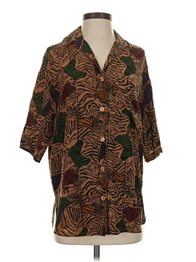 Pre-owned Krizia 3/4 Sleeve Silk Top Brown Animal Print Pattern Collared Neckline Tops