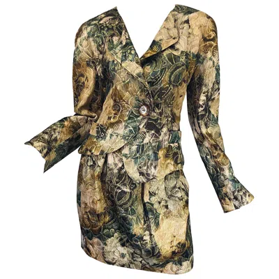 Pre-owned Krizia Avant Garde 1990s  Metallic Asymmetrical Vintage 90s Silk Skirt Suit In Brown