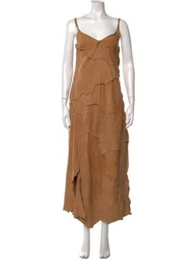 Pre-owned Krizia Leather Long Dress In Brown