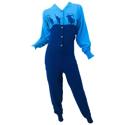 Pre-owned Krizia Rare 1980s  Baloo " Jungle Book " Novelty Print Vintage 80s Jumpsuit In Blue