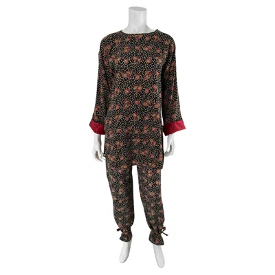 Pre-owned Krizia Silk Floral Print Tunic & Ankle Tie Pant Set 1980s 38 In Black