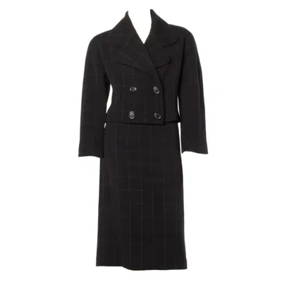 Pre-owned Krizia Vintage Charcoal Wool Jacket + Skirt 2-pc Suit In Black