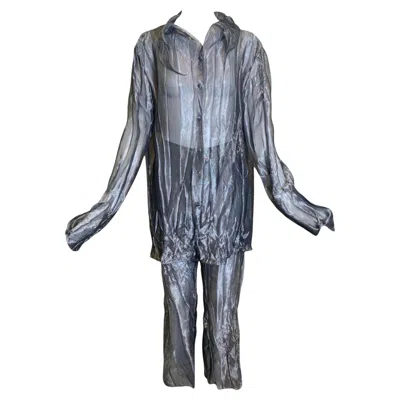 Pre-owned Krizia Y2k Silver Sheer Crinkled Shirt And Pants Ensemble