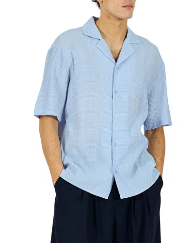 Krost Camp Collar Micro Plaid Bowling Shirt In Blue