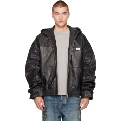 Ksubi Black Slouchy Leather Bomber Jacket In Blue