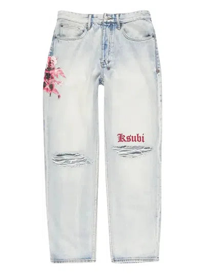 Ksubi Floral-embroidered Distressed Jeans In Blue