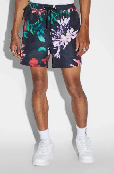 Ksubi Flowa Floral Water Resistant Swim Trunks In Denim